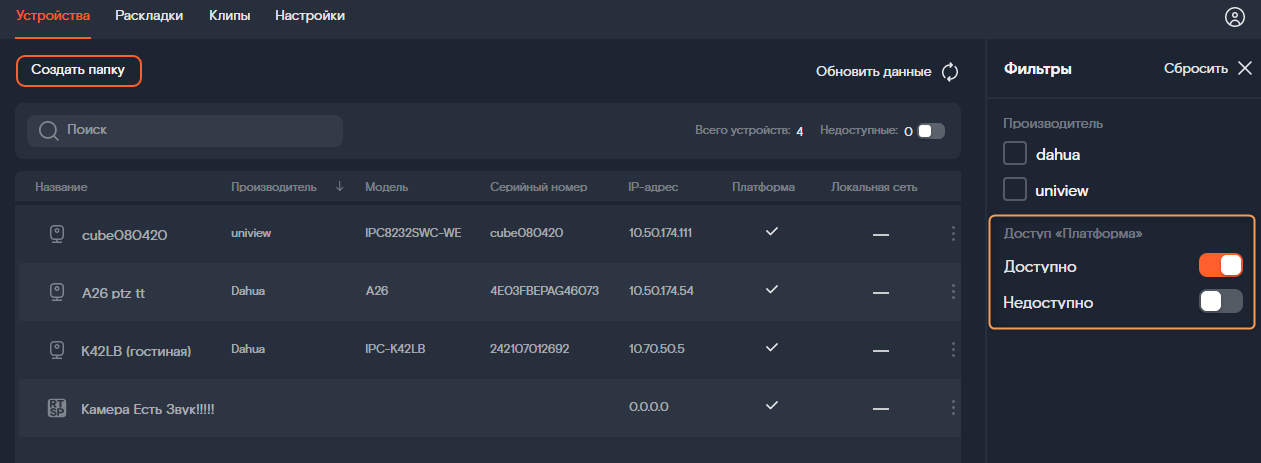 отобразить камеры по доступу к платформе